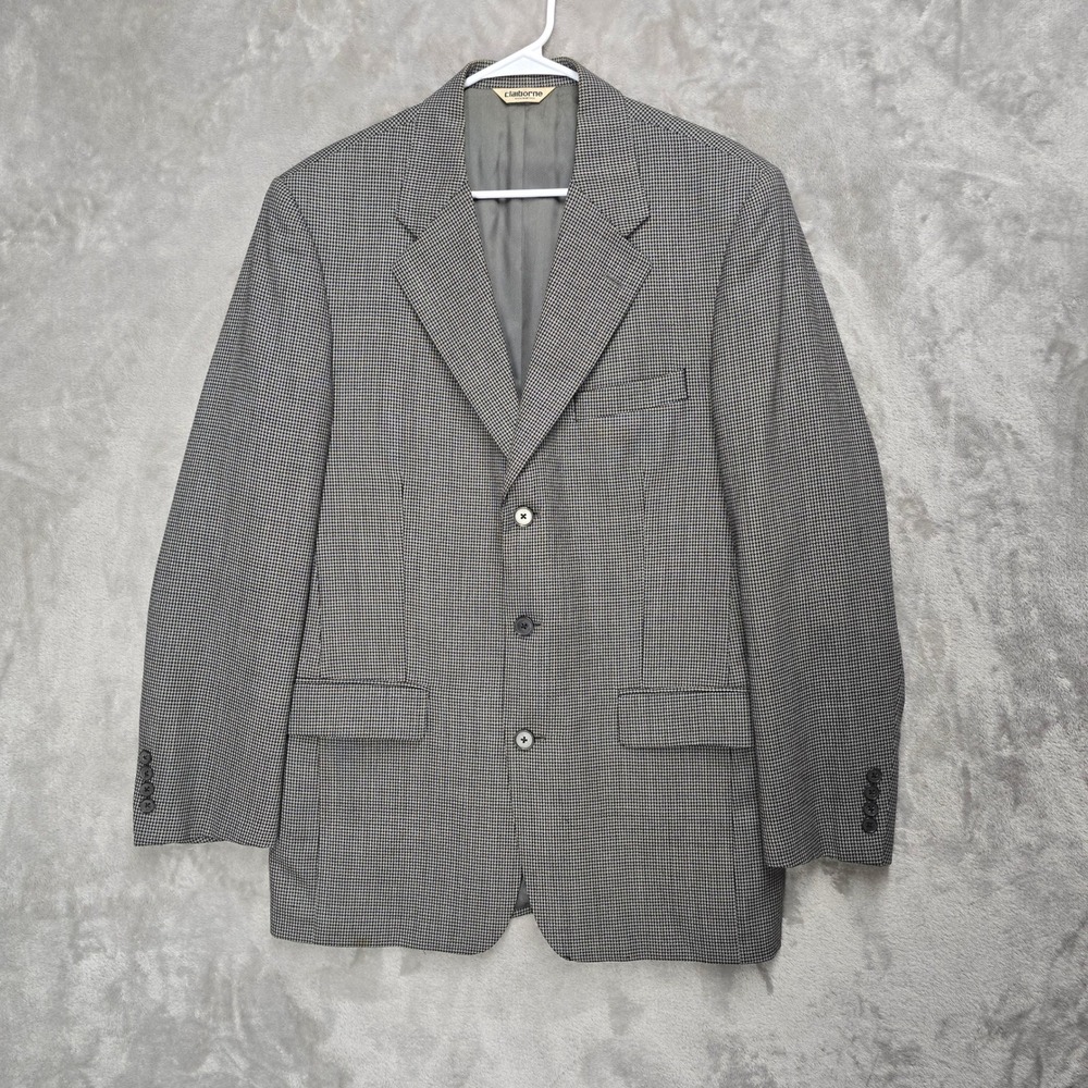 Vtg Claiborne Men's 40L‎ Wool Houndstooth Blazer Sport Coat Jacket Gray